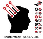 Neuro Interface icon with bonus configuration graphic icons. Vector illustration style is flat iconic intensive red and black symbols on white background.
