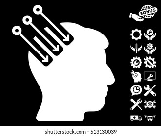 Neuro Interface icon with bonus configuration graphic icons. Vector illustration style is flat iconic white symbols on black background.