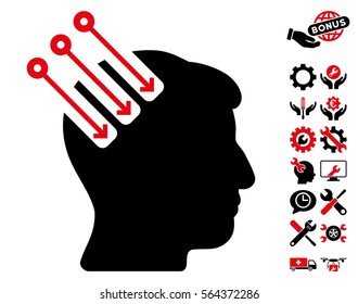 Neuro Interface icon with bonus configuration graphic icons. Vector illustration style is flat iconic intensive red and black symbols on white background.