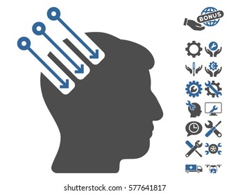 Neuro Interface icon with bonus configuration pictures. Vector illustration style is flat iconic cobalt and gray symbols on white background.