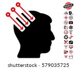 Neuro Interface icon with bonus copter service design elements. Vector illustration style is flat iconic intensive red and black symbols on white background.