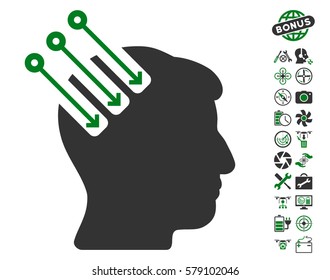 Neuro Interface icon with bonus copter service clip art. Vector illustration style is flat iconic green and gray symbols on white background.
