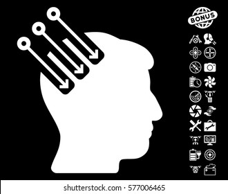 Neuro Interface icon with bonus drone service pictograph collection. Vector illustration style is flat iconic white symbols on black background.