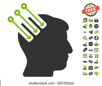 Neuro Interface icon with free bonus clip art. Vector illustration style is flat iconic symbols, eco green and gray colors, white background.