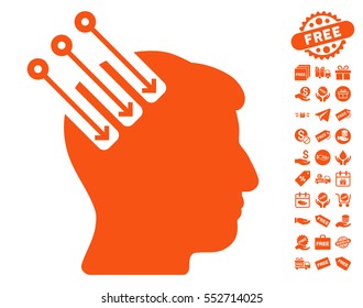 Neuro Interface icon with free bonus pictograph collection. Vector illustration style is flat iconic symbols, orange color, white background.