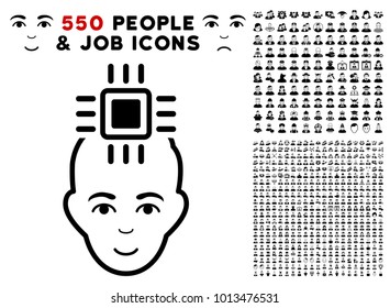 Neuro Interface pictograph with 550 bonus pitiful and glad jobs clip art. Vector illustration style is flat black iconic symbols.