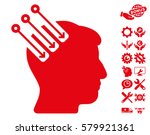 Neuro Interface pictograph with bonus configuration pictograms. Vector illustration style is flat iconic red symbols on white background.