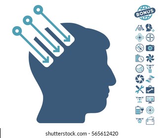 Neuro Interface pictograph with bonus quad copter tools design elements. Vector illustration style is flat iconic cyan and blue symbols on white background.