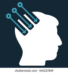 Neuro Interface vector pictograph. Style is flat graphic bicolor symbol, blue and white colors, dark blue background.