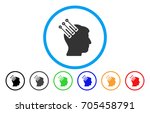 Neuro Interface vector rounded icon. Image style is a flat gray icon symbol inside a blue circle. Bonus color versions are gray, black, blue, green, red, orange.