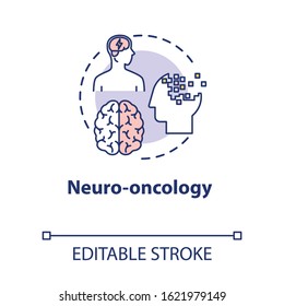 Neuro oncology concept icon. Study of brain neoplasms. Danger of migraine, headache. Neurology and psychology idea thin line illustration. Vector isolated outline RGB color drawing. Editable stroke