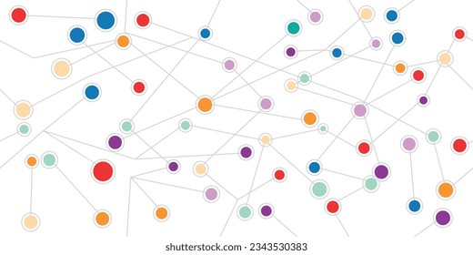 Neuro points are multi-colored, connected with sticks by conductors. Colorful circles, cyber pattern, neural network background.