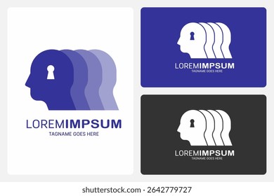 Neuro Unlock Logo Template. This logo has four human heads, overlapping each other. The first head has a keyhole in it, showing ideas of learning.