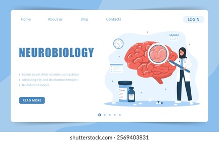 Neurobiology concept. Landing page template. Arab Woman in medical uniform with magnifying glass analyzes human brain. Research scientist. Vector illustration in flat cartoon style.