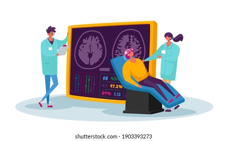 Medicina Neurobiológica, Mri Cerebral. Personajes médicos y de pacientes en el hospital de exámenes médicos con monitor de computadora y diagnóstico de tomografía de cabeza de paciente. Ilustración de vectores de personas de caricatura