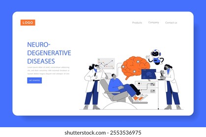 Neurodegenerative Diseases concept. Scientists researching brain health with futuristic AI assistance. Patient care, medical innovation, and technology in healthcare. Vector illustration.