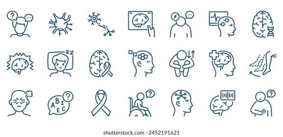 Neurodegenerative Disorders Icon Set: Brain Cells, MRI, CT Scans, and EEG. Includes Neurons, Synapses, and Icons for Parkinson’s, Multiple Sclerosis, and Epilepsy. Editable Linear Vector Collection