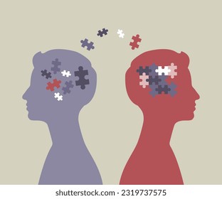 Neurodevelopmental condition illustration. Concept of ADHD, autism spectrum. Two people in silhouettes.