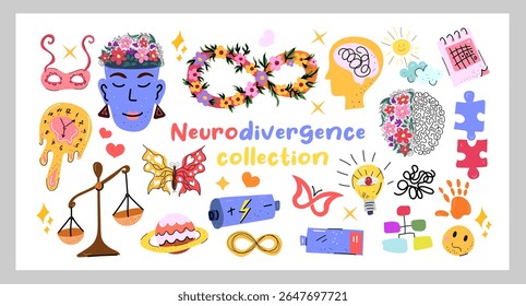 Neurodivergence collection colorful vector illustration with ADHD autism symbols and mental health icons perfect for stickers posters prints cards education and awareness