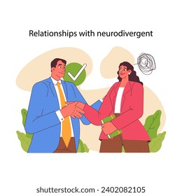 Neurodivergent relationships concept. Man and woman shaking hands. Celebrating connections that transcend neurotypical expectations. Emphasizing empathy and mutual respect. Flat vector illustration