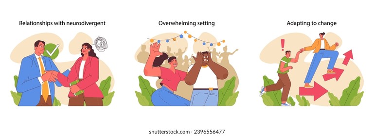 Neurodivergent relationships set. Capturing connection, sensory challenges, and flexibility. Embracing differences and building resilience. Adapting, learning to communicate and understand.