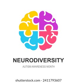 Neurodiversity. Autism Awareness Month. A brain made up of colorful puzzle pieces. Vector illustration on a white background.