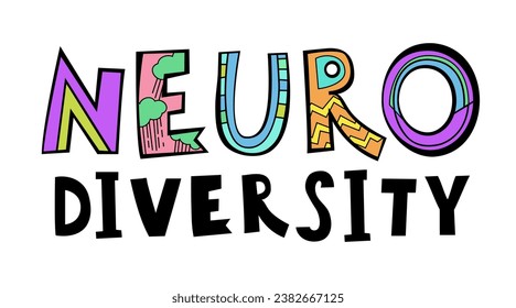 Neurodiversity and autism. Creative hand-drawn lettering in a pop art style. Human minds and experiences diversity. Inclusive, understanding society. Vector illustration isolated on a white background