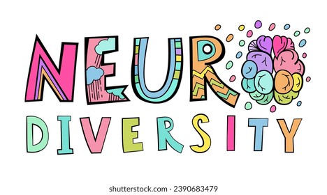 Neurodiversity and autism. Creative hand-drawn lettering in a pop art style. Human minds and experiences diversity. Inclusive, understanding society. Vector illustration isolated on a white background