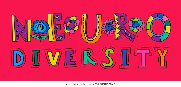 Neurodiversidad y autismo. Letras dibujadas a mano creativas en un estilo pop art. Mentes humanas y experiencias de diversidad. Incluyente, comprendiendo la sociedad. Ilustración vectorial aislada sobre un fondo rosa