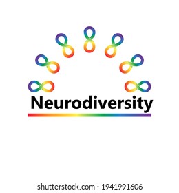 Conciencia de la neurodiversidad y vector de aceptación con símbolos de infinito arco iris. Conciencia del autismo.