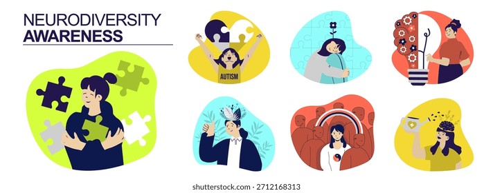 Conceito de conscientização da neurodiversidade definido para o design da web. Coleção com pessoas que têm diversidade neurológica, sensibilidade, autismo e aceitação de adhd, representação de diferenças mentais. Ilustração vetorial.
