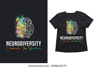 Neurodiversity, celebrate diversity, brain illustration, autism awareness, colorful spectrum, inclusive design, mental health advocacy, diversity and inclusion, vibrant splash art, neurodivergent
