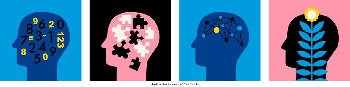 Neurodiversity collection. People with different skills, mindsets or psychological features. Abstract human head profile. Logic. Talent. Thinking brain. Difference concept. Flat vector illustration