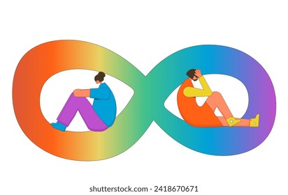 Neurodiversity colorful sign. Infinity symbol with two sad girls isolated on white background Vector flat illustration