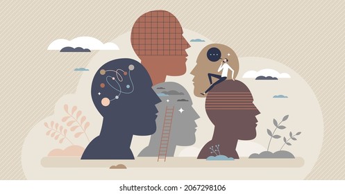 Neurodiversity as human mind variation and differences tiny person concept. Mental awareness and psychological issues about sociability, learning, attention, mood and disorders vector illustration.