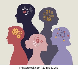 Neurodiversity illustration. People with different mindsets or psychological features.