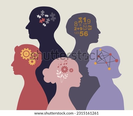 Neurodiversity illustration. People with different mindsets or psychological features.
