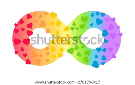 Neurodiversity infinity symbol. Vibrant infinity sign filled with rainbow hearts, symbolizing neurodiversity, love, acceptance, and inclusion. Autism awareness equality campaign. Vector illustration.