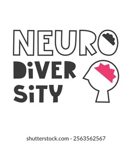 Neurodiversity lettering with unique brain silhouette. Neurodivergent spectrum awareness concept. Cognitive differences inclusion vector flat illustration.