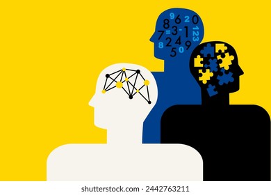 Neurodiversity in men. Logic. Thinking brain. Difference concept. Brainstorming. People with different skills, mindsets or psychological features. Abstract human head profile. Flat vector illustration