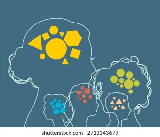 Neurodiversidad en los hombres. Lógica. El cerebro pensante. Lluvia de ideas. Personas con diferentes habilidades, mentalidades o características psicológicas. Perfil Abstractas de la cabeza humana. Diferencias en las características de la personalidad.