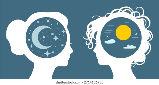 Neurodiversidad en los hombres. Lógica. El cerebro pensante. Lluvia de ideas. Personas con diferentes habilidades, mentalidades o características psicológicas. Perfil de la cabeza de las mujeres Abstractas. Diferencias en las características de la personalidad.