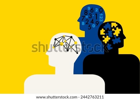Neurodiversity in men. Logic. Thinking brain. Difference concept. Brainstorming. People with different skills, mindsets or psychological features. Abstract human head profile. Flat vector illustration