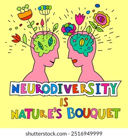 Neurodiversity is natures bouquet. Creative poster with hand-drawn lettering. Human minds and experiences diversity. Inclusive, understanding society. Landscape banner. Vector illustration