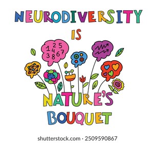 Neurodiversity is a natures bouquet. Diversity of human minds.  Differences in personality characteristics. Landscape poster, banner with creative lettering. Hand-drawn editable vector illustration
