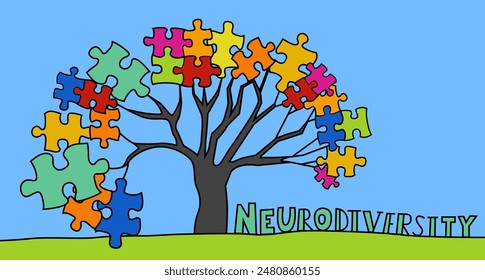 Neurodiversity poster. A tree with puzzle pieces in a shape of a brain. Visual representation of diversity and the complexity of the human mind. Explore and appreciate differences. Vector illustration