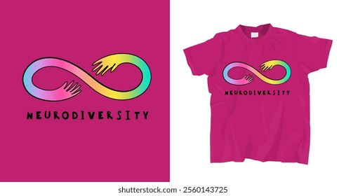 Neurodiversity t-shirt print. Unique motivating design. Infinity rainbow symbol in a hand-drawn style. Diversity of human minds and experiences. Hand-drawn editable vector illustration