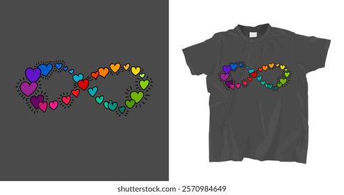 Neurodiversity t-shirt print. Unique motivating design. Infinity rainbow symbol in a hand-drawn style. Diversity of human minds and experiences. Hand-drawn editable vector illustration