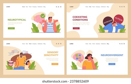 Neurodiversity web banner or landing page set. Cognitive development spectrum. Mental health awareness. Sociability, learning ability, attention span, mental disorders. Flat vector illustration