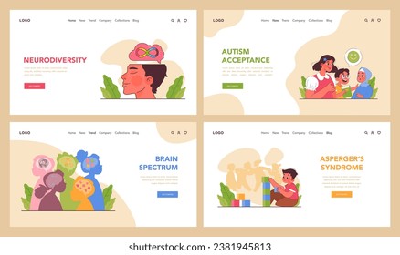 Neurodiversity web banner or landing page set. Cognitive development spectrum. Mental health awareness. Sociability, learning ability, attention span, mental disorders. Flat vector illustration